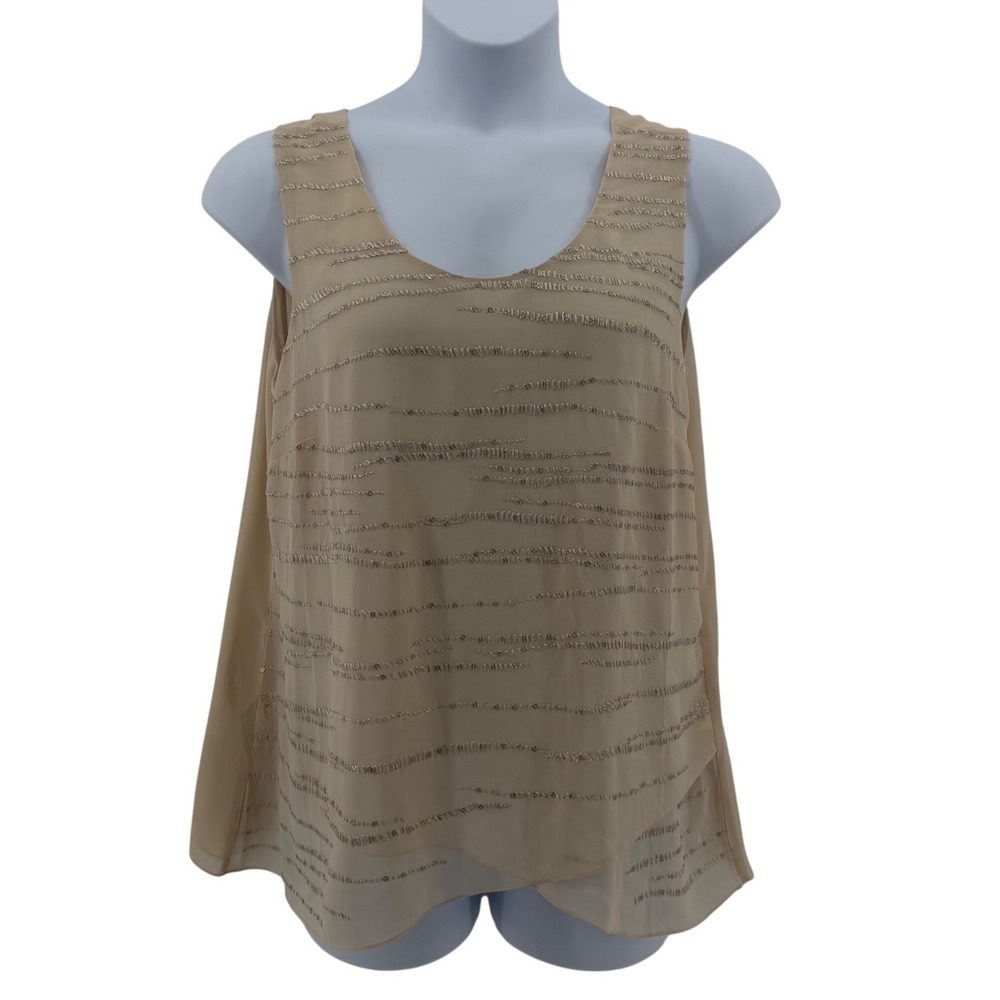 Nic + Zoe Tank Top Women XL Champagne Sequin Layered Chiffon Sleeveless Blouse